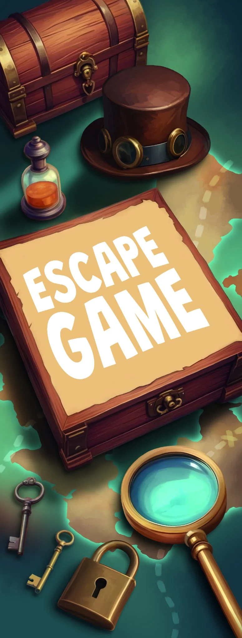 Illustration Steam Escape : coffre, chapeau et accessoires d’aventure