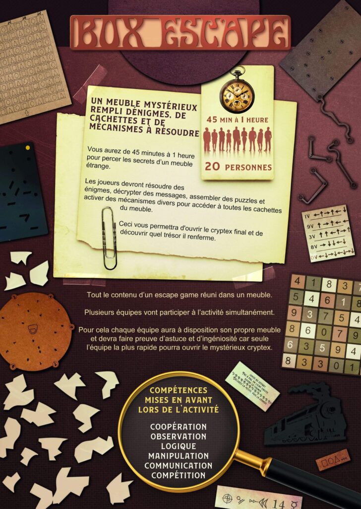 Fiche explicative Box Escape : 20 personnes, 45 minutes à 1 heure